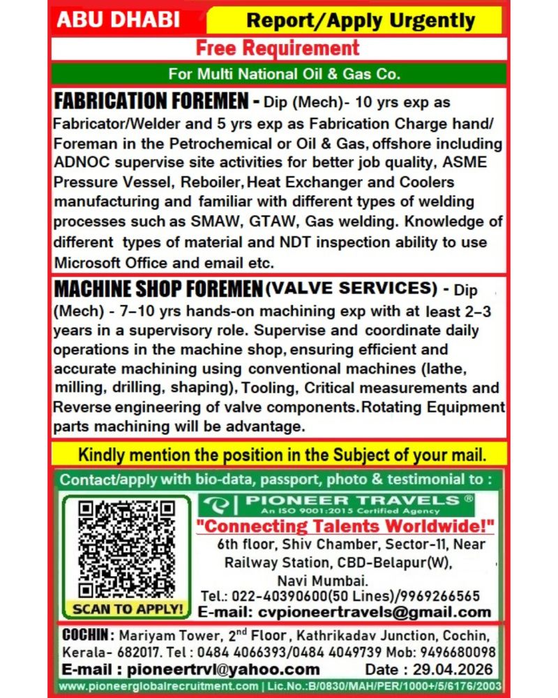 Urgent Hiring for Abu Dhabi