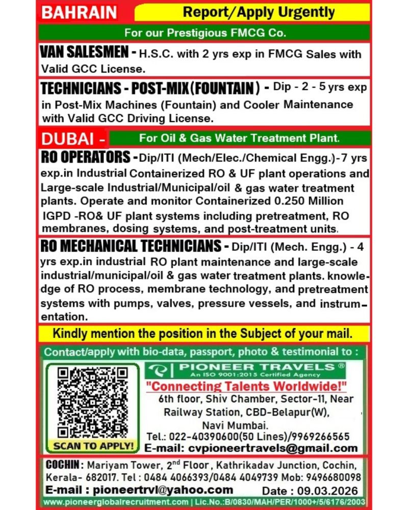 Urgent Hiring for Bahrain & Dubai