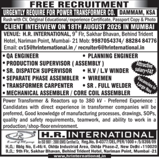 Urgent Hiring for Dammam