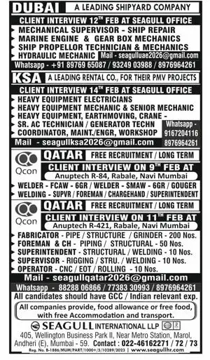 Urgent Hiring for Dubai / KSA & Qatar
