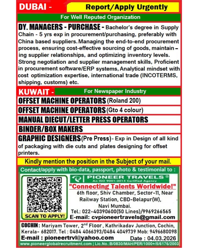 Urgent Hiring for Dubai & Kuwait