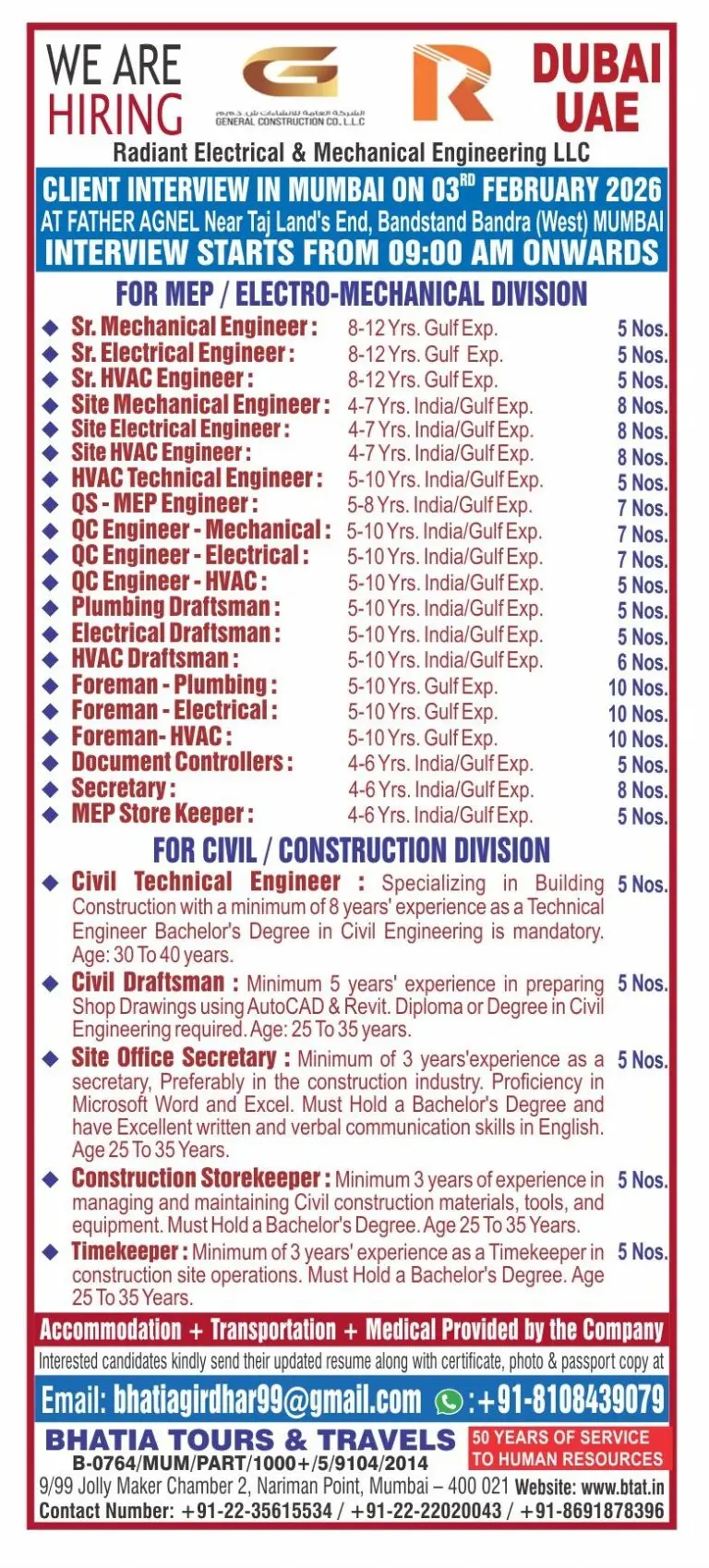 Urgent Hiring for Dubai