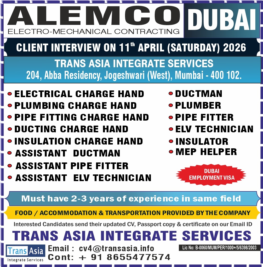 Urgent Hiring for Dubai
