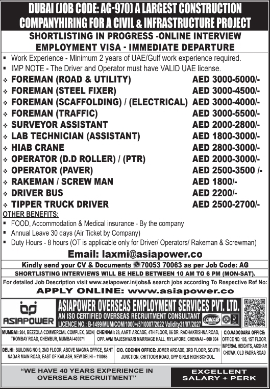 Urgent Hiring for Dubai