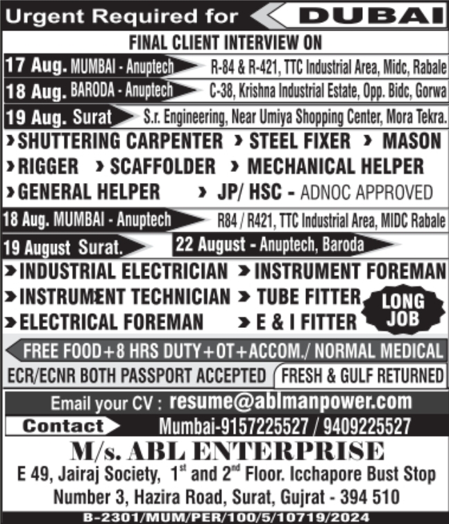 Urgent Hiring for Dubai