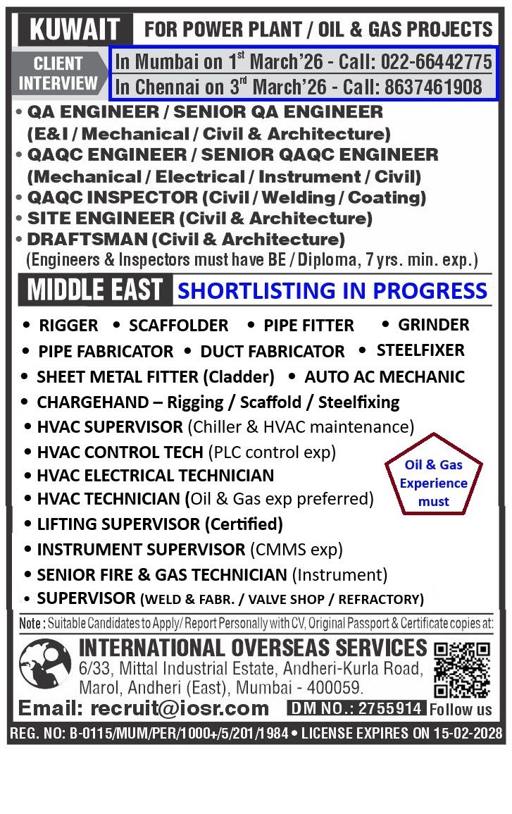 Urgent Hiring for Kuwait & Middle East