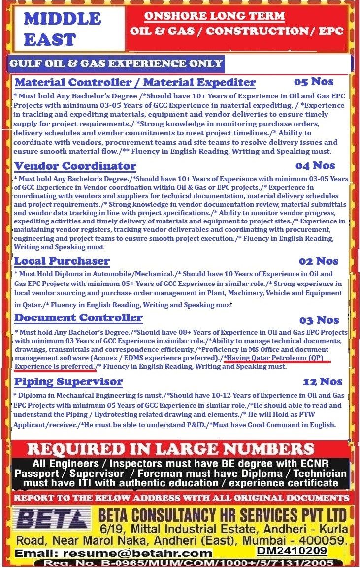 Urgent Hiring for Middle East