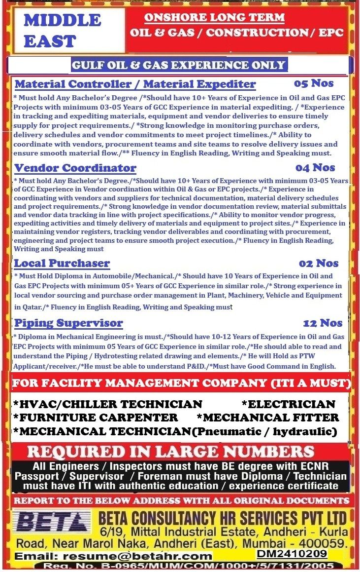 Urgent Hiring for Middle East