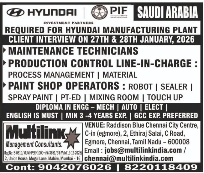 Urgent Hiring for Saudi Arabia