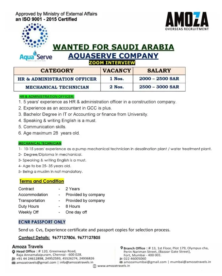 Urgent Hiring for Saudi Arabia