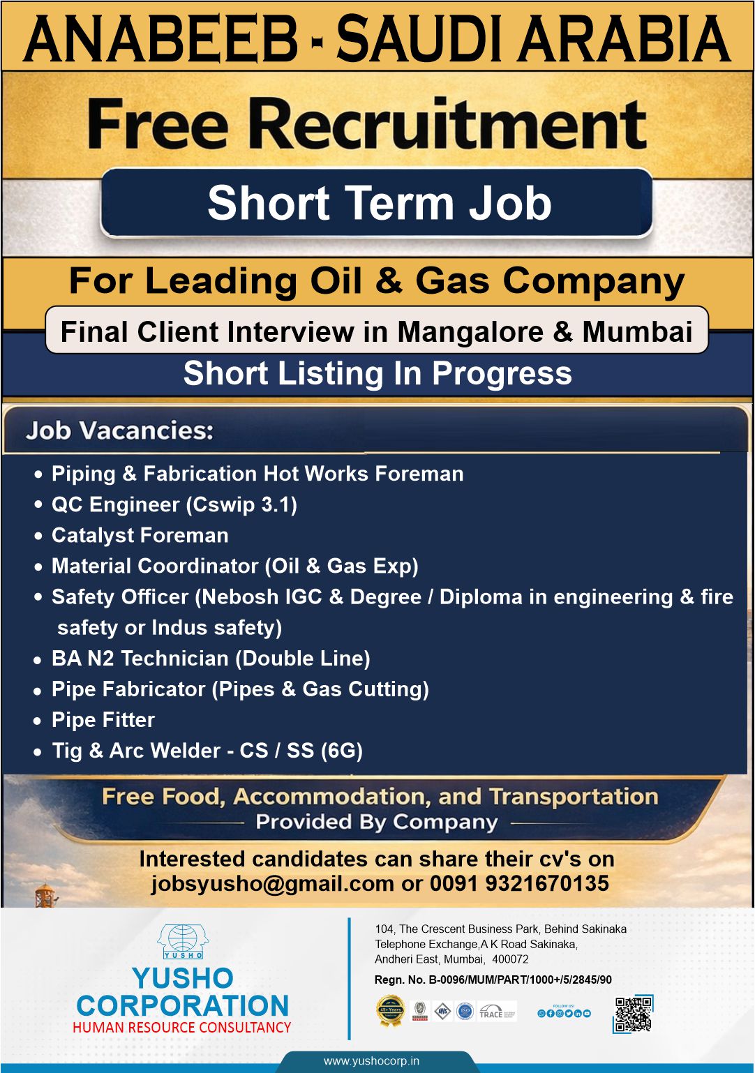 Urgent Hiring for Saudi Arabia