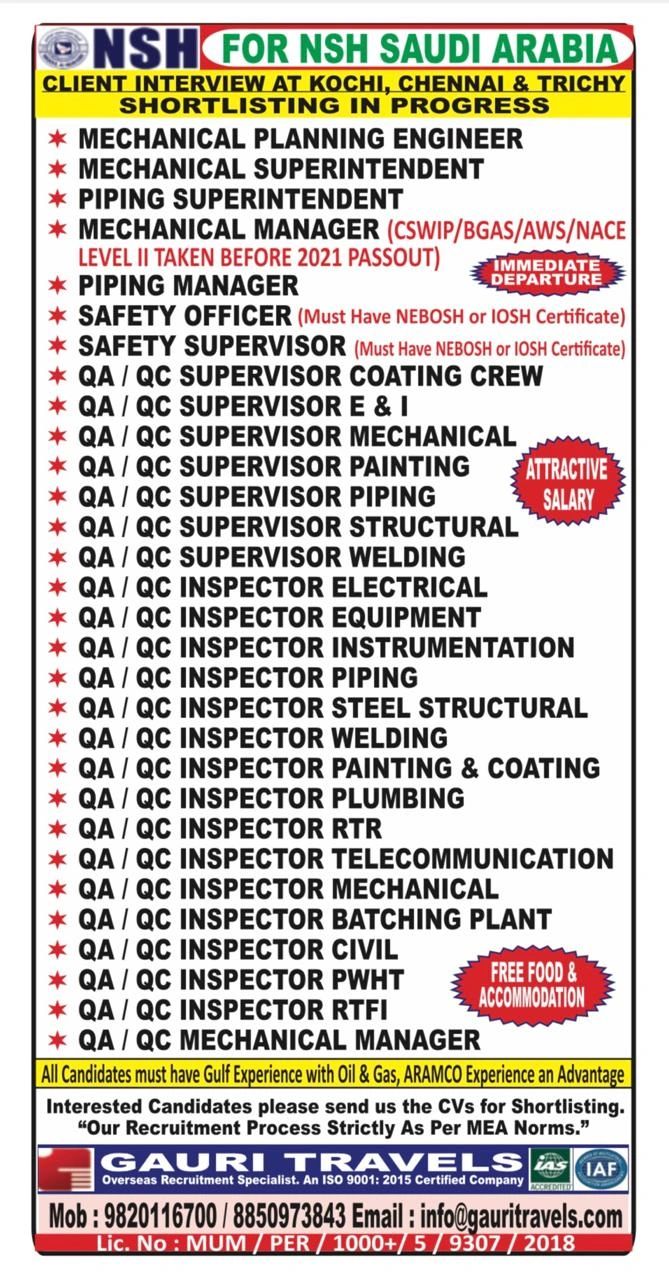 Urgent Hiring for Saudi Arabia