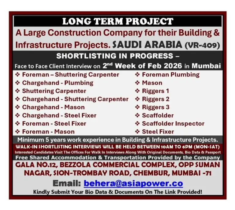 Urgent Hiring for Saudi Arabia