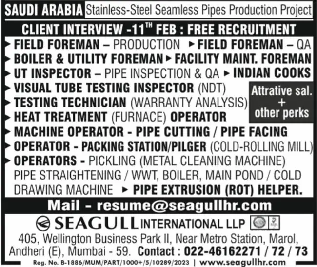Urgent Hiring for Saudi Arabia