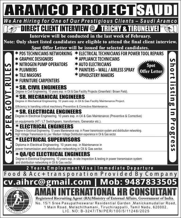 Urgent Hiring for Saudi Arabia