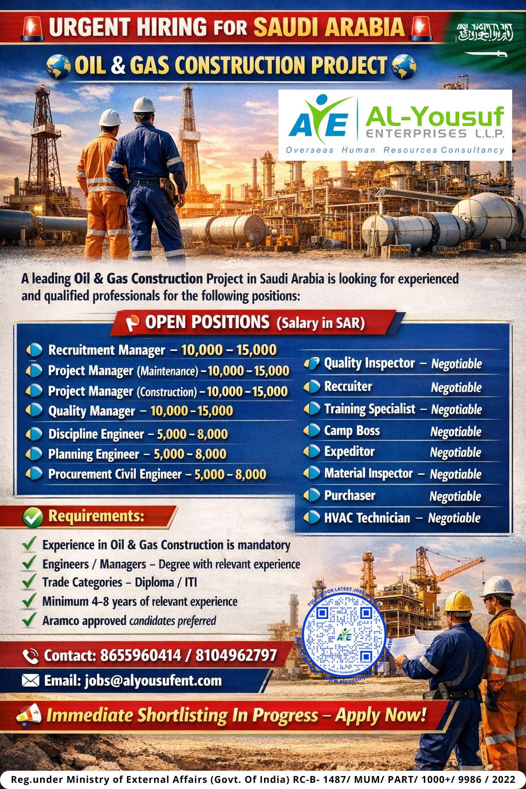 Urgent Hiring for Saudi Arabia