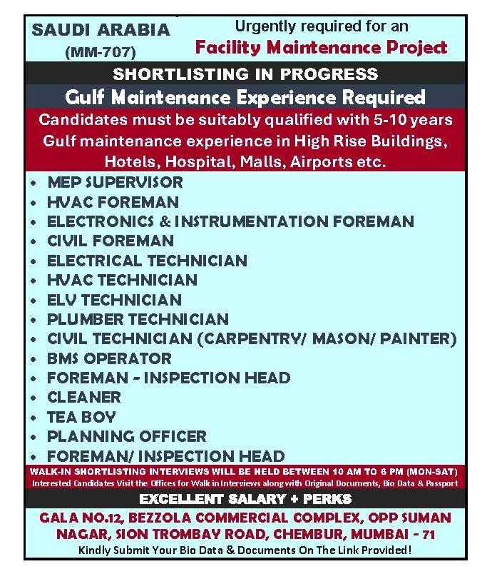Urgent Hiring for Saudi Arabia