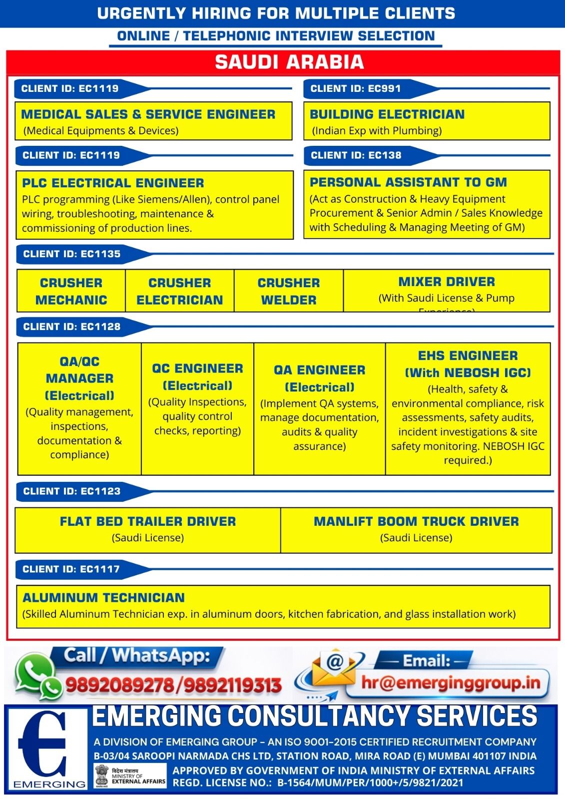 Urgent Hiring for Saudi Arabia