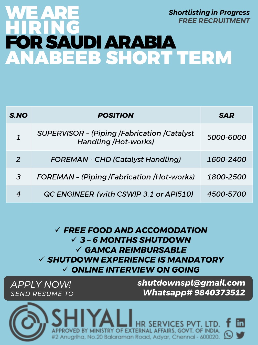 Urgent Hiring for Saudi Arabia