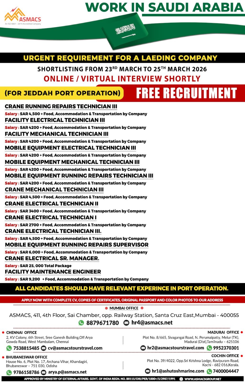 Urgent Hiring for Saudi Arabia