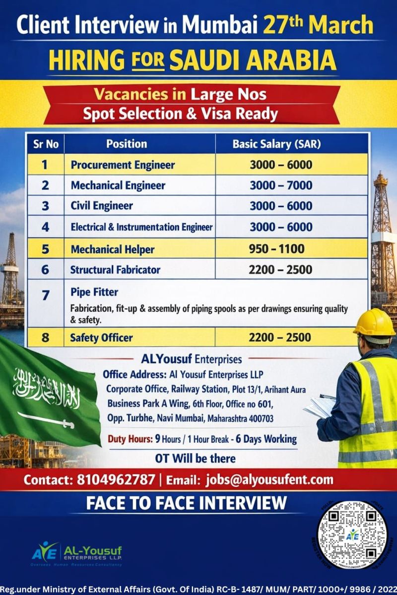 Urgent Hiring for Saudi Arabia