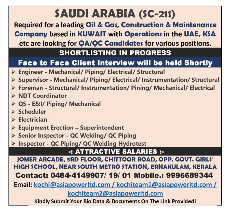 Urgent Hiring for Saudi Arabia