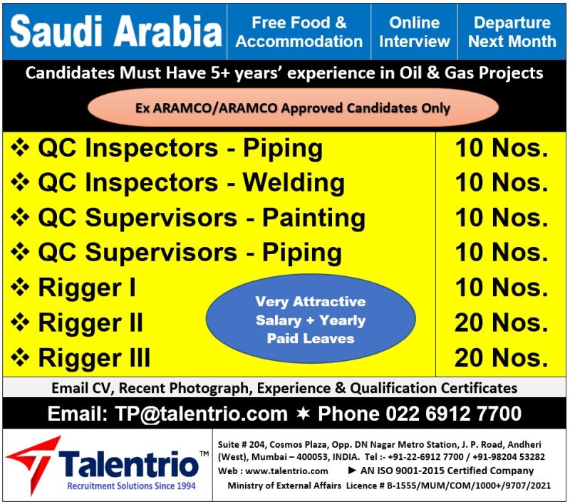 Urgent Hiring for Saudi Arabia