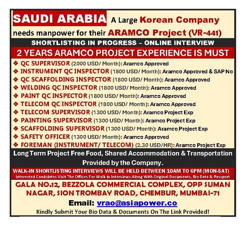 Urgent Hiring for Saudi Arabia