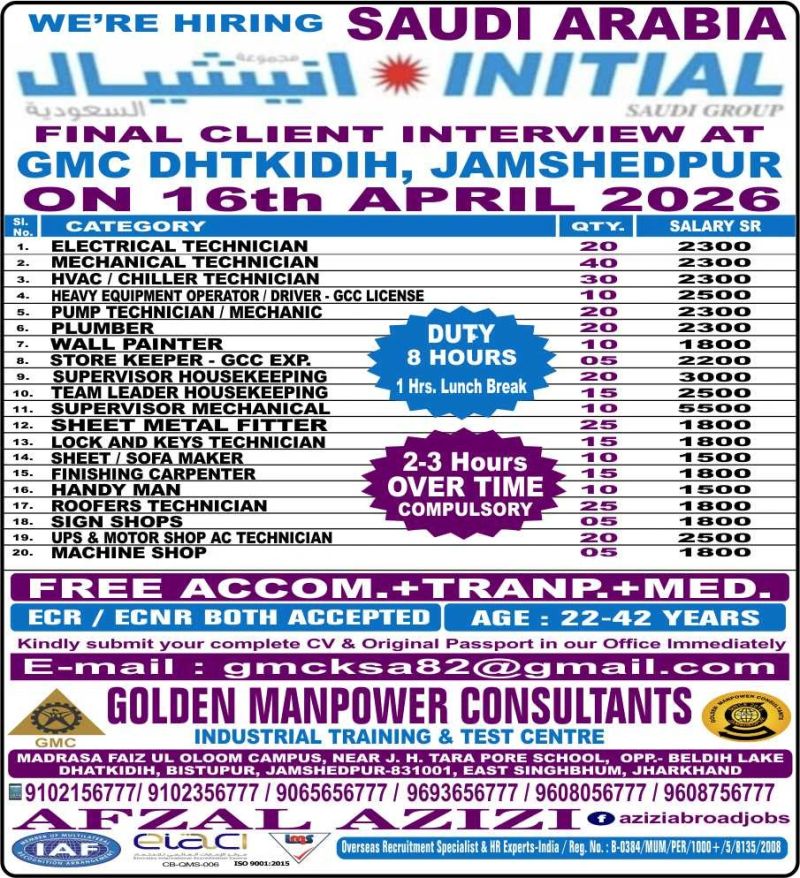 Urgent Hiring for Saudi Arabia