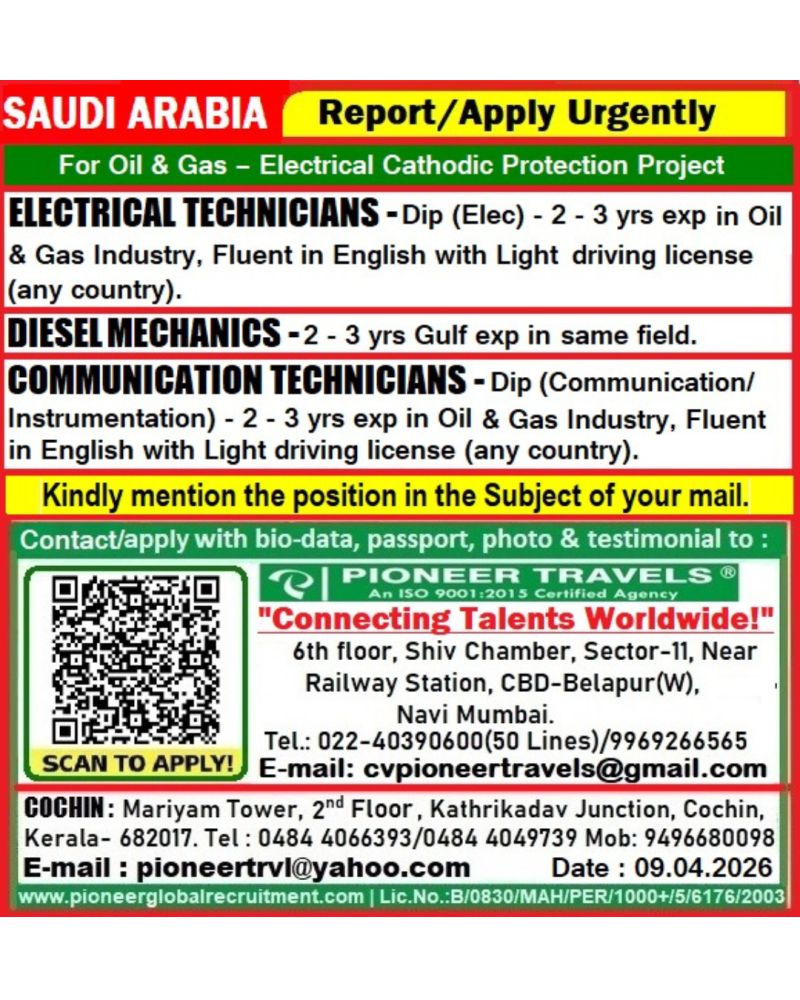 Urgent Hiring for Saudi Arabia