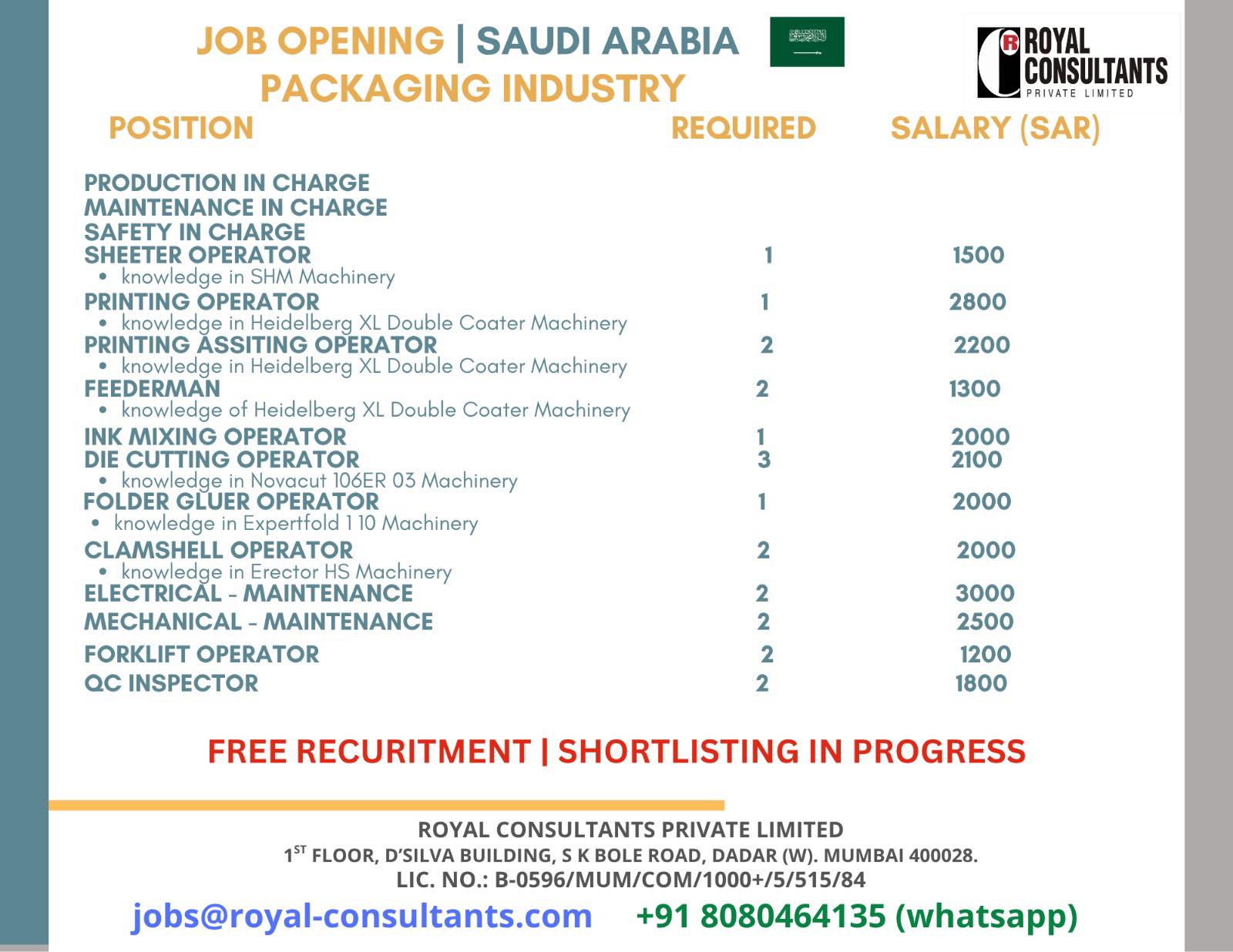 Urgent Hiring for Saudi Arabia