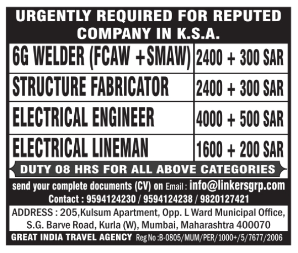 Urgent Hiring for Saudi Arabia