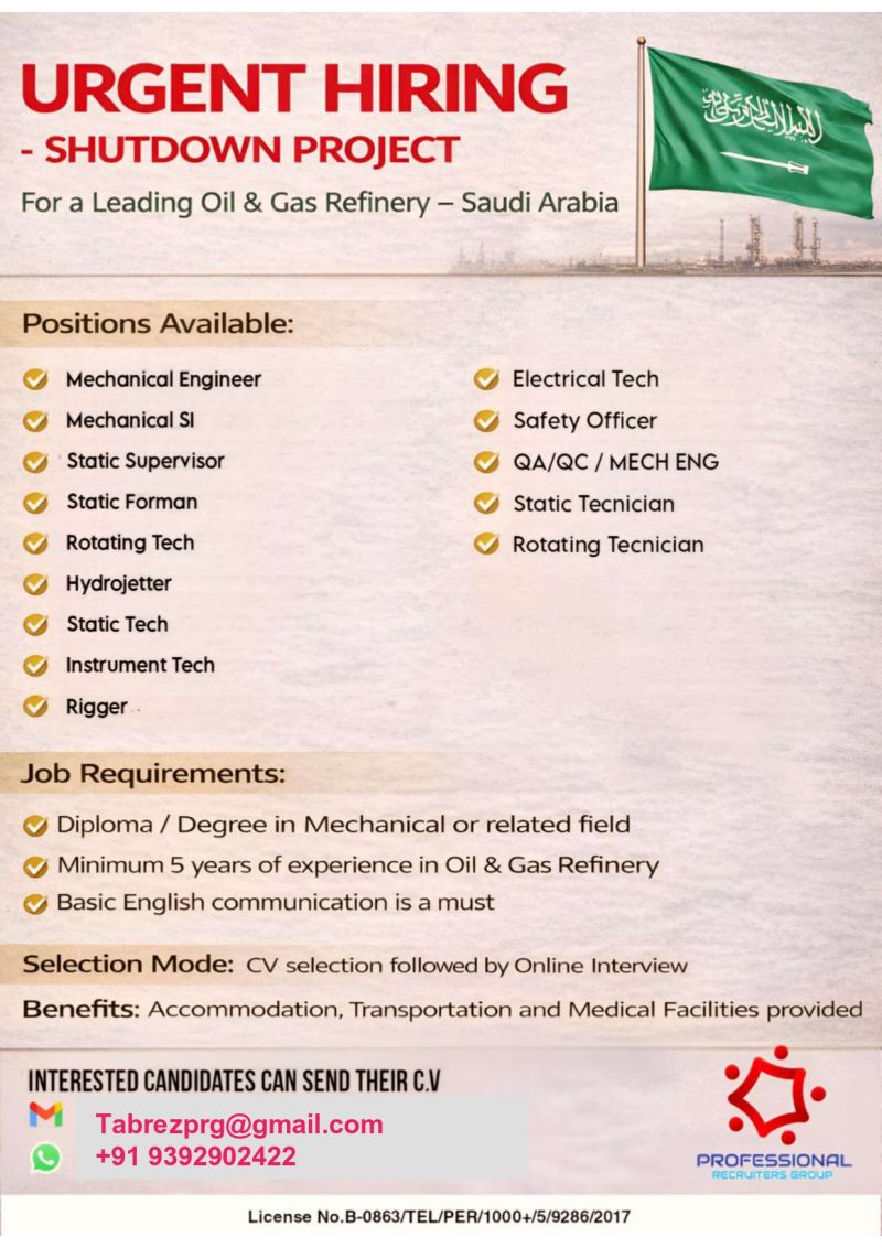 Urgent Hiring for Saudi Arabia