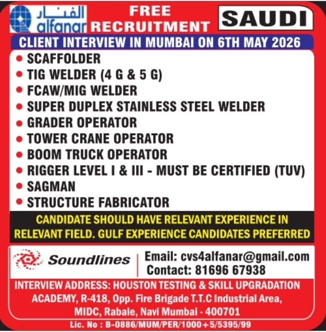 Urgent Hiring for Saudi Arabia