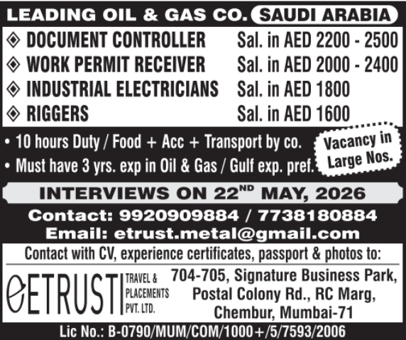 Urgent Hiring for Saudi Arabia