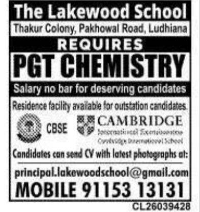 Urgent Job Opening for PGT Chemistry Teacher at The Lakewood School