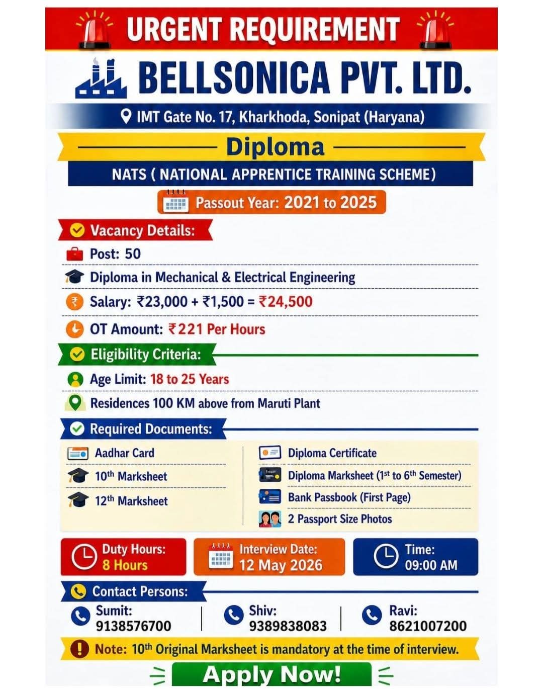 Urgent Requirement: Diploma Apprentices (NATS)