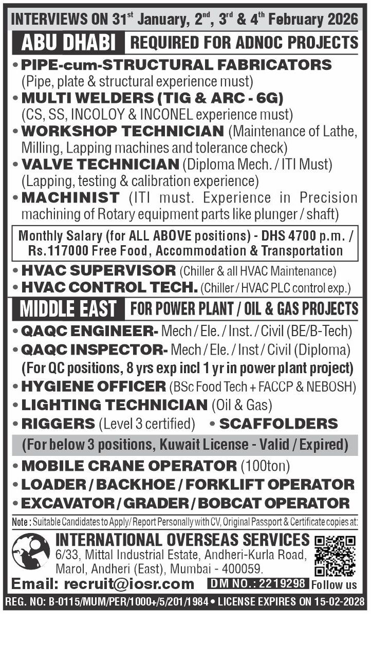 Urgent Requirement For Abu Dhabi & Middle East