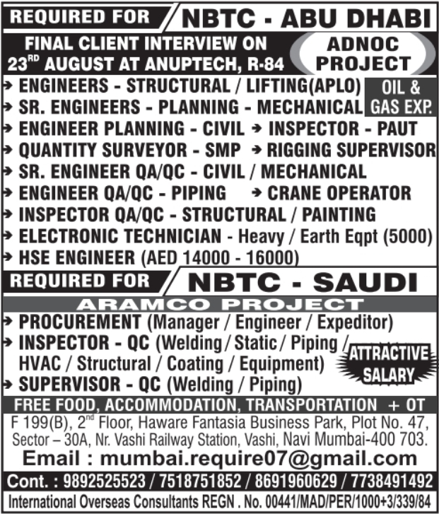 Urgent Requirement for Abu Dhabi & Saudi Arabia
