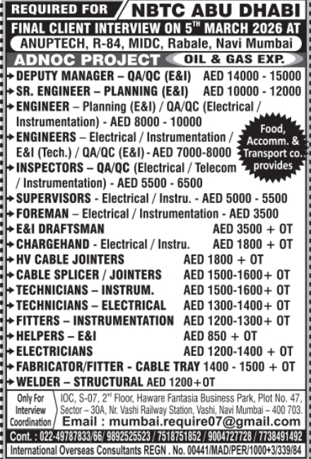 Urgent Requirement For Abu Dhabi