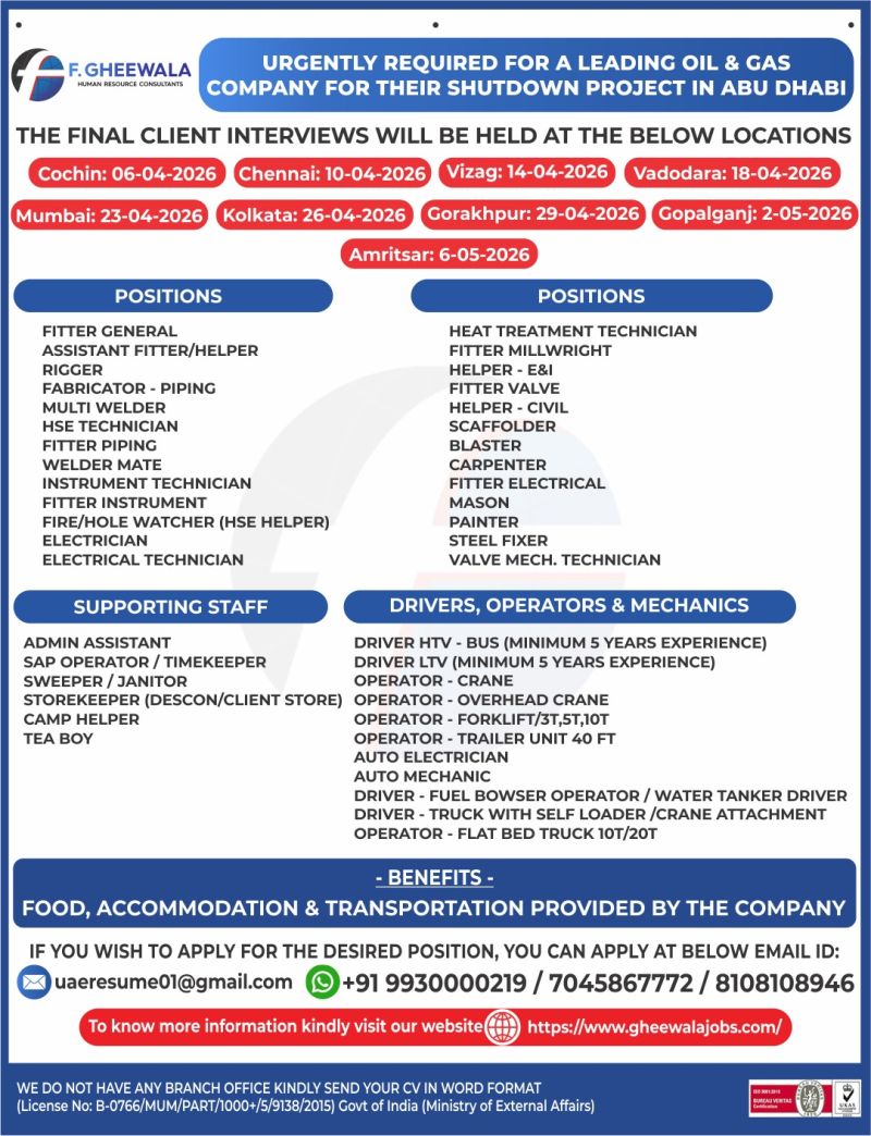 Urgent Requirement For Abu Dhabi