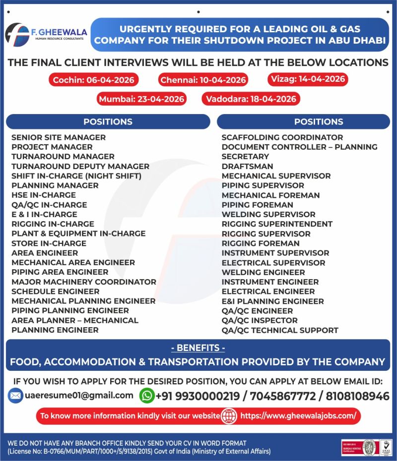 Urgent Requirement For Abu Dhabi