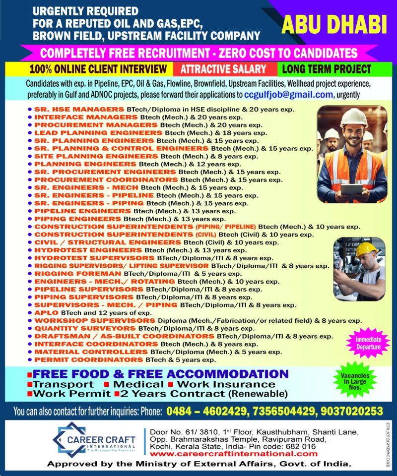 Urgent Requirement For Abu Dhabi