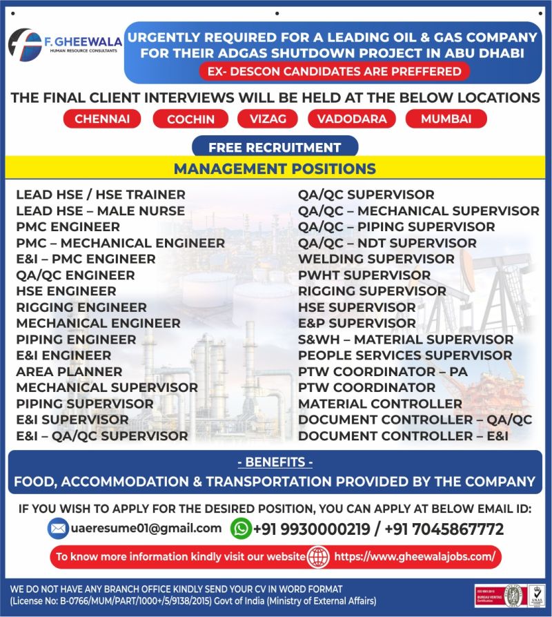 Urgent Requirement For Abu Dhabi