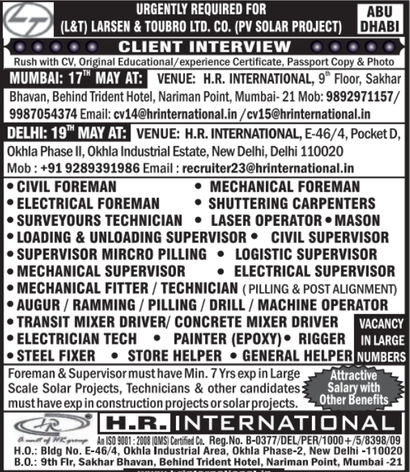 Urgent Requirement For Abu Dhabi