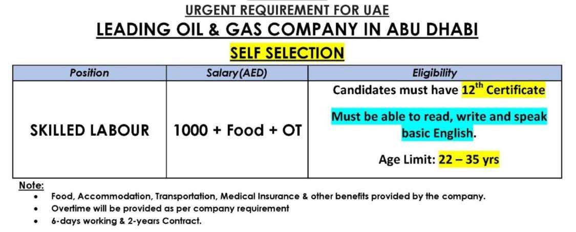 Urgent Requirement For Abu Dhabi