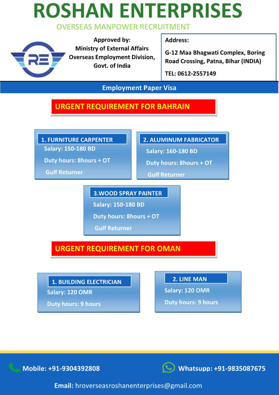Urgent Requirement For Bahrain & Oman