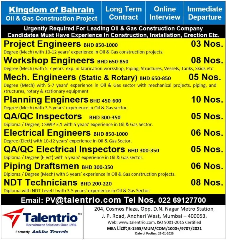 Urgent Requirement For Bahrain