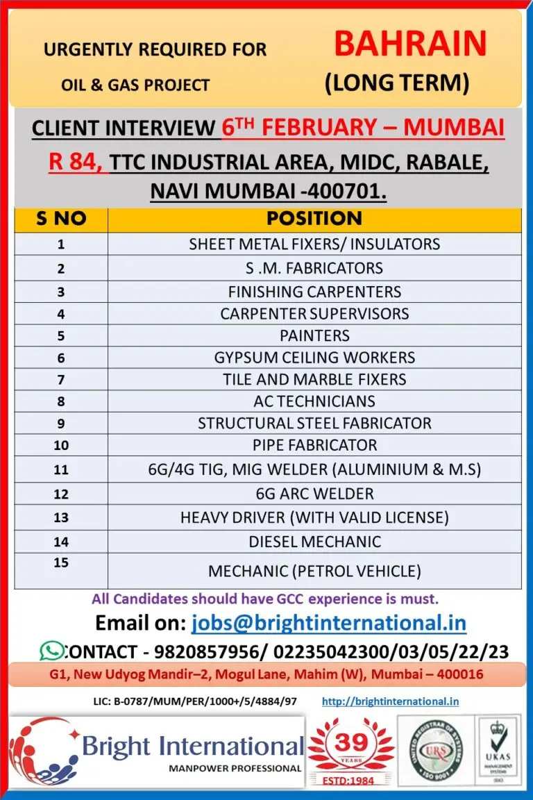 Urgent Requirement For Bahrain