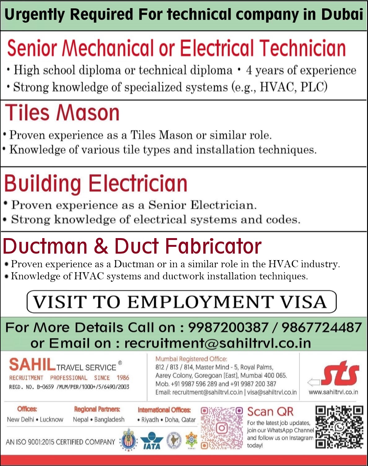 Urgent Requirement For Dubai